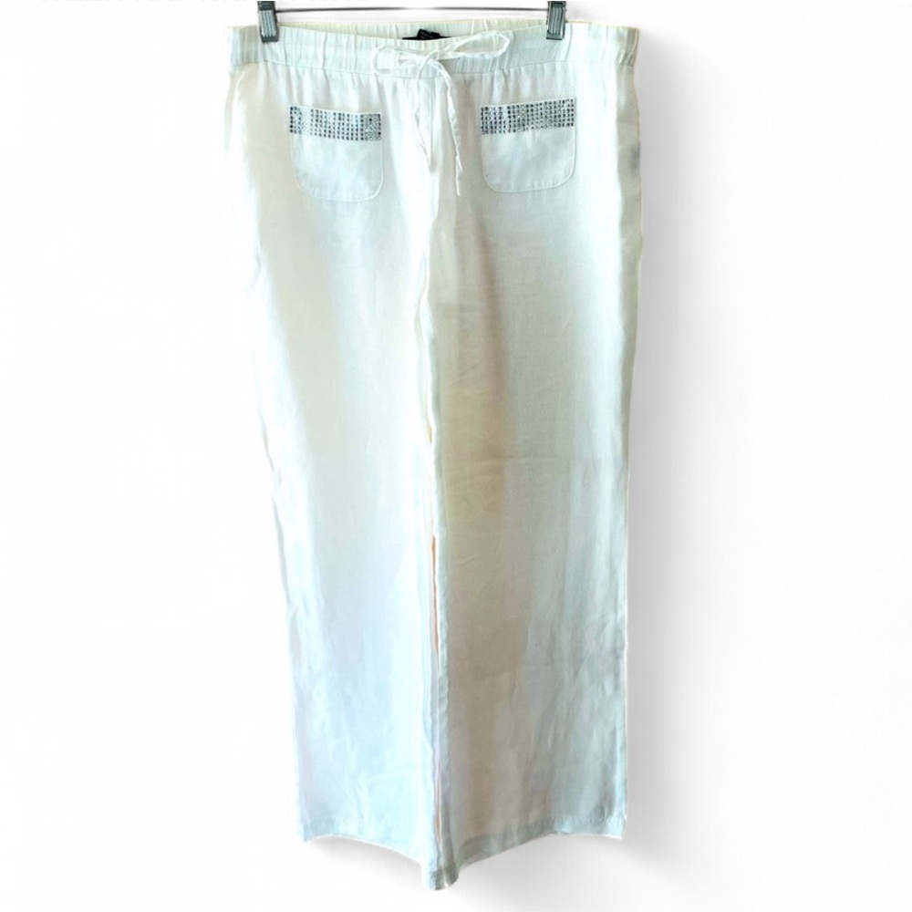 STYLE & CO WHITE LINEN WIDE LEG DRAWSTRING PANTS RESORTWEAR COMFY TRAVEL SIZE XS